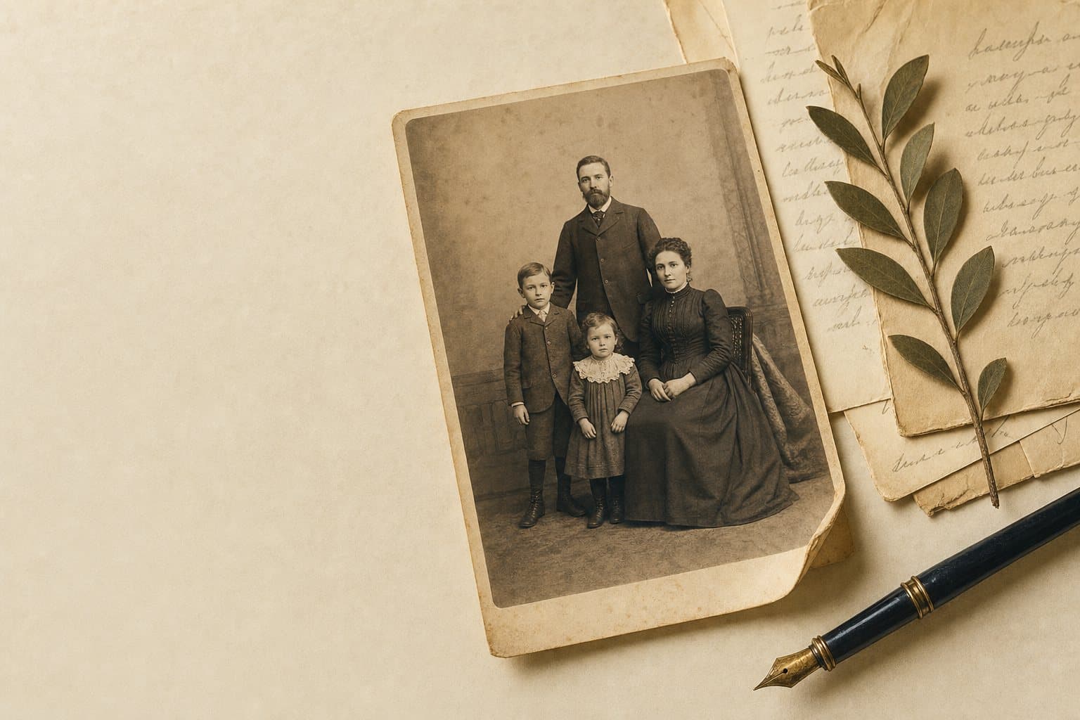 A nineteenth-century family portrait resting on handwritten letters, with an olive sprig and fountain pen