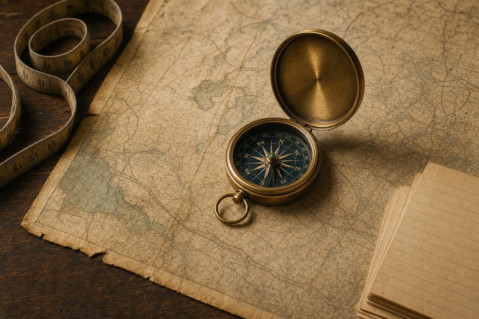 A brass compass on a worn county map beside index cards and a cloth measuring tape